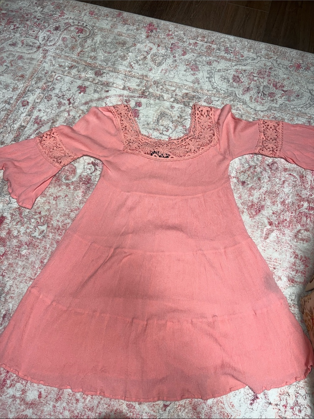 Charlie Paige Coral Lace-Trim Long Sleeve Swing Dress